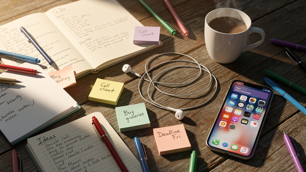 Cluttered desk showing traditional productivity tool challenges