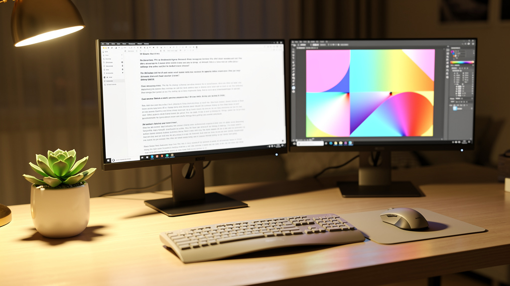 Dual monitor setup for professional content creation workflow