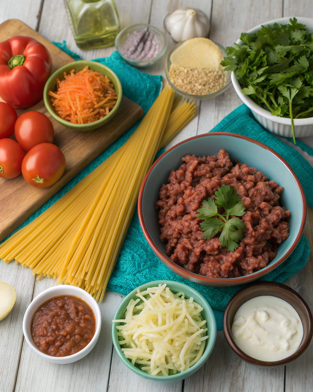 Fresh ingredients for taco spaghetti including ground beef, spaghetti noodles, crushed tomatoes, and taco seasonings arranged on a kitchen counter