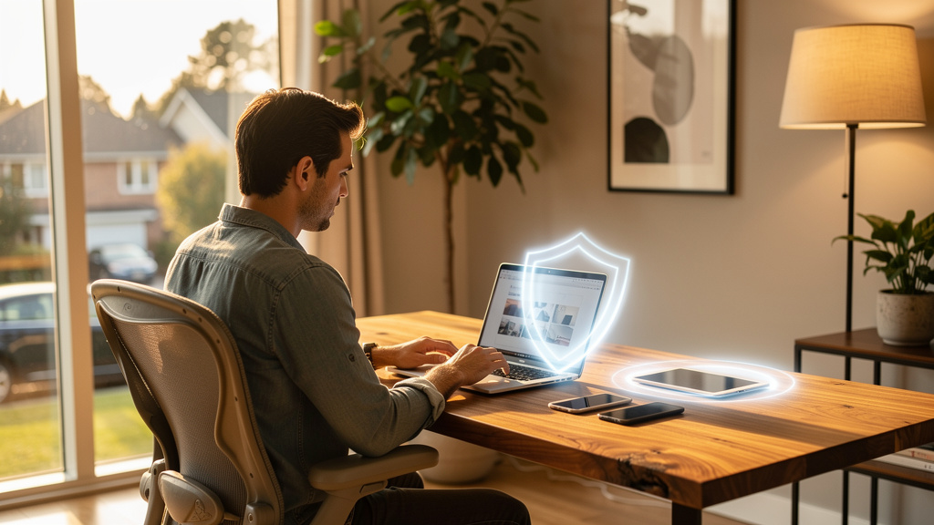 Remote worker in home office with protected devices
