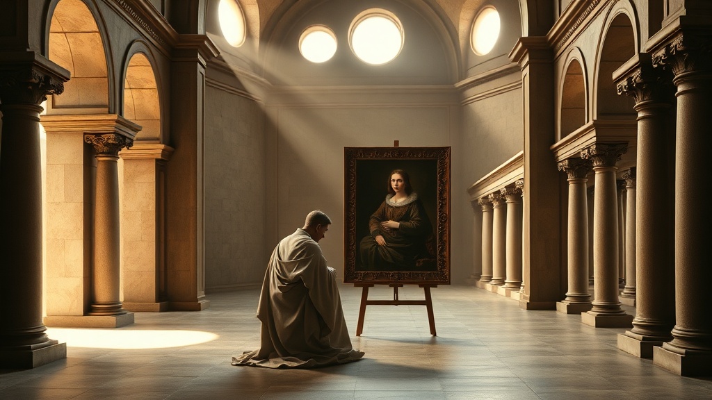 A serene, allegorical religious scene rendered in the style of Leonardo da Vinci, using soft, subtle sfumato blending and a rich, earthy Renaissance palette. Wide 16:9 panoramic interior of a quiet, classical hall or chapel with balanced, geometric composition (golden-ratio/triangular grouping) and intricate architectural elements: round arches, carved pilasters, and a distant colonnaded arcade softened by atmospheric perspective. Warm, directional light streams from high, arched windows, creating dramatic chiaroscuro and gentle halos around figures; edges are hazy and blended so forms merge softly with the background. Central focal tableau: an intimate, contemplative encounter between an anonymous living figure and a classical painted portrait panel displayed nearby. The living figure is universal and indeterminate in ethnicity and age — no identifiable features tying them to any real person — clothed in timeless, carefully rendered drapery with meticulous attention to fabric folds and texture. The painted portrait panel is executed in a 16th-century portrait manner (without referencing any museum or specific artwork) and subtly echoes the living figure’s facial structure and expression, suggesting a quiet likeness across generations. Surrounding this central pair are a few modest, timeless onlookers — varied in age and gender, without distinguishing cultural markers — whose detailed, anatomically correct faces convey deep, nuanced emotion: gentle amusement, wonder, and contemplative recognition. Background objects are plain and non-iconographic (a simple uninscribed book, a small unadorned mirror, a worn cedar bench) placed to suggest the passage of time and continuity, but containing no text, emblems, icons, or recognizable symbols. Composition emphasizes symmetry and mathematical balance, with atmospheric depth, layered planes, and soft aerial perspective. Overall mood is contemplative, gentle, and slightly uncanny in its quiet mirroring — a visual parable evoking biblical themes of likeness, legacy, and the continuity of human identity (suitable for a sermon illustration), executed with high realism combined with idealized beauty. IMPORTANT: do not include any written text, logos, letters, symbols, icons, watermarks, or any depiction of a specific real person, place, institution, or nationality; ensure all figures are anonymous and globally neutral in appearance.