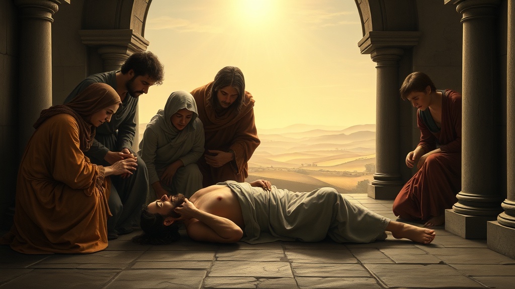 A contemplative rescue scene rendered in classical sfumato style