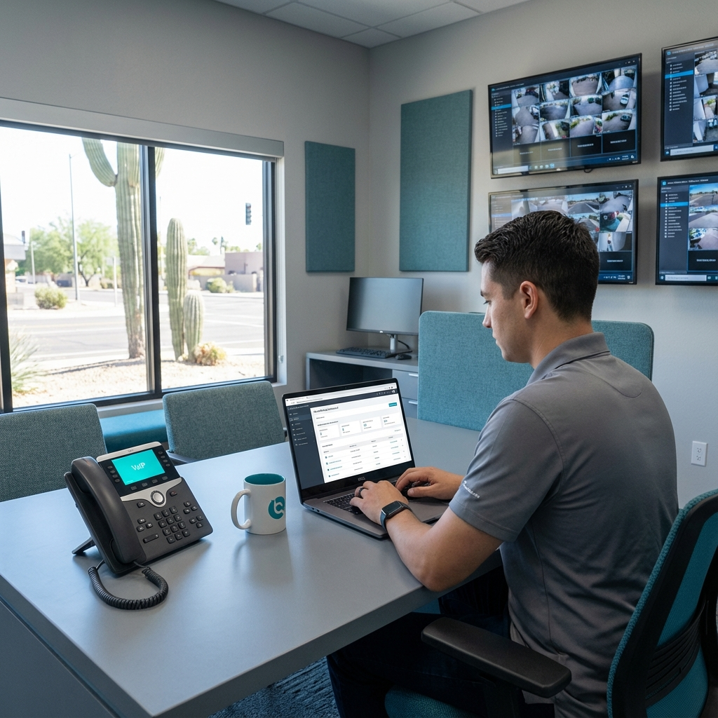 Network System Solutions | Managed IT Services Phoenix AZ: Local IT Support & Security. Photorealistic scene of a small retail office in Tempe with wall-mounted surveillance monitors, a VoIP phone on a desk, an...
