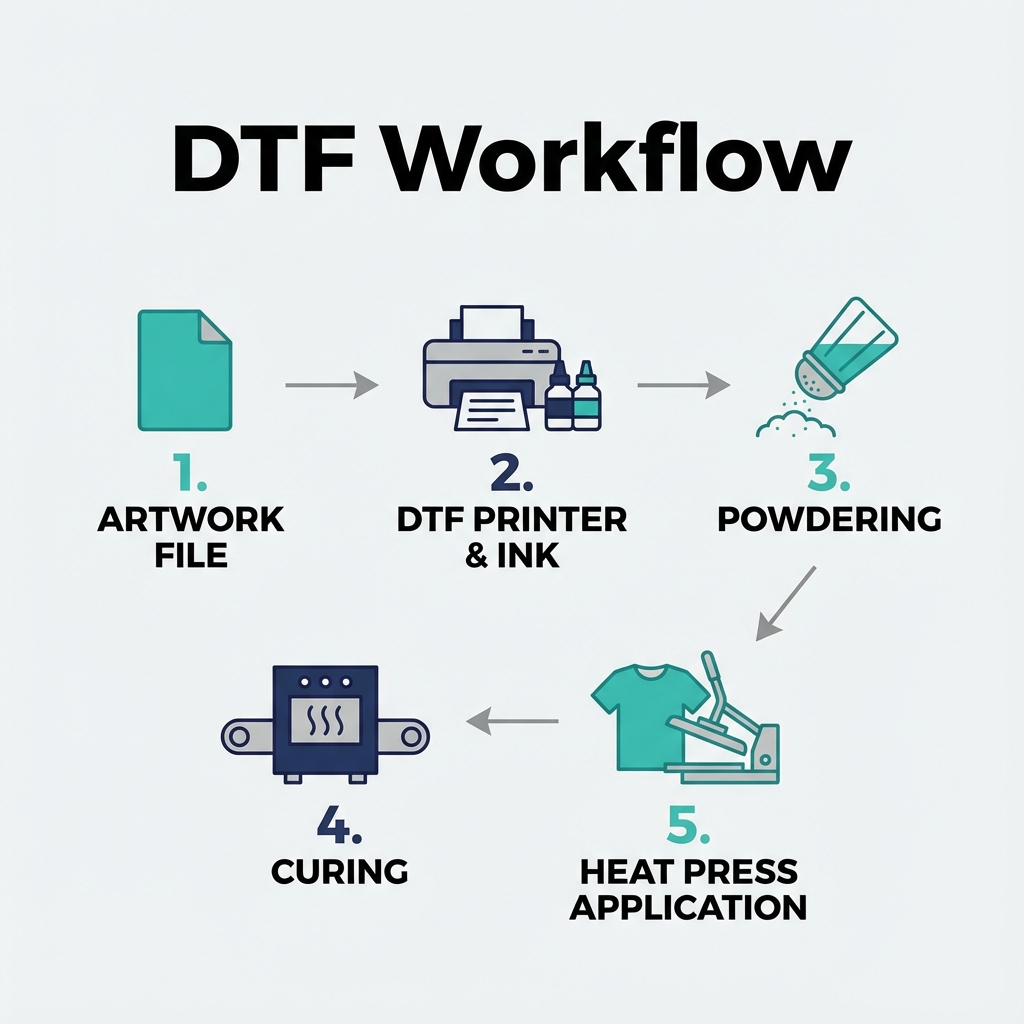 Infographic-style minimalist diagram showing the DTF workflow: artwork file, DTF printer and ink, powdering, curing, heat ...