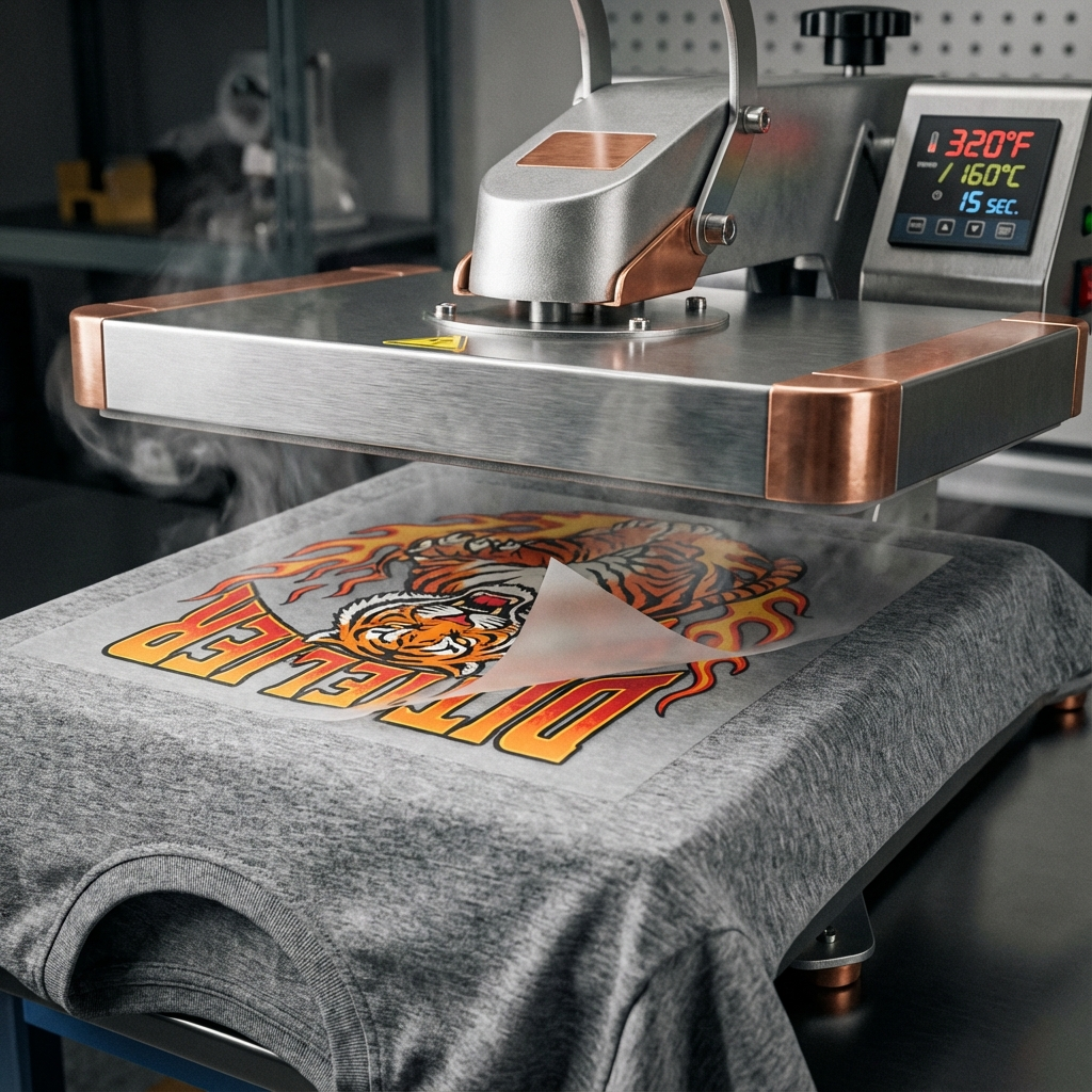 Close-up, photorealistic shot of a heat press in action with a cotton-poly T-shirt under a DTF transfer. Strong studio lig...