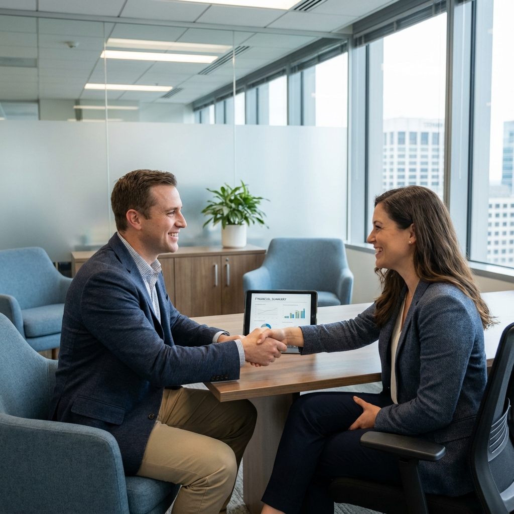Photorealistic scene of a property manager meeting a landlord in a modern office, friendly professional tone, cool blues a...