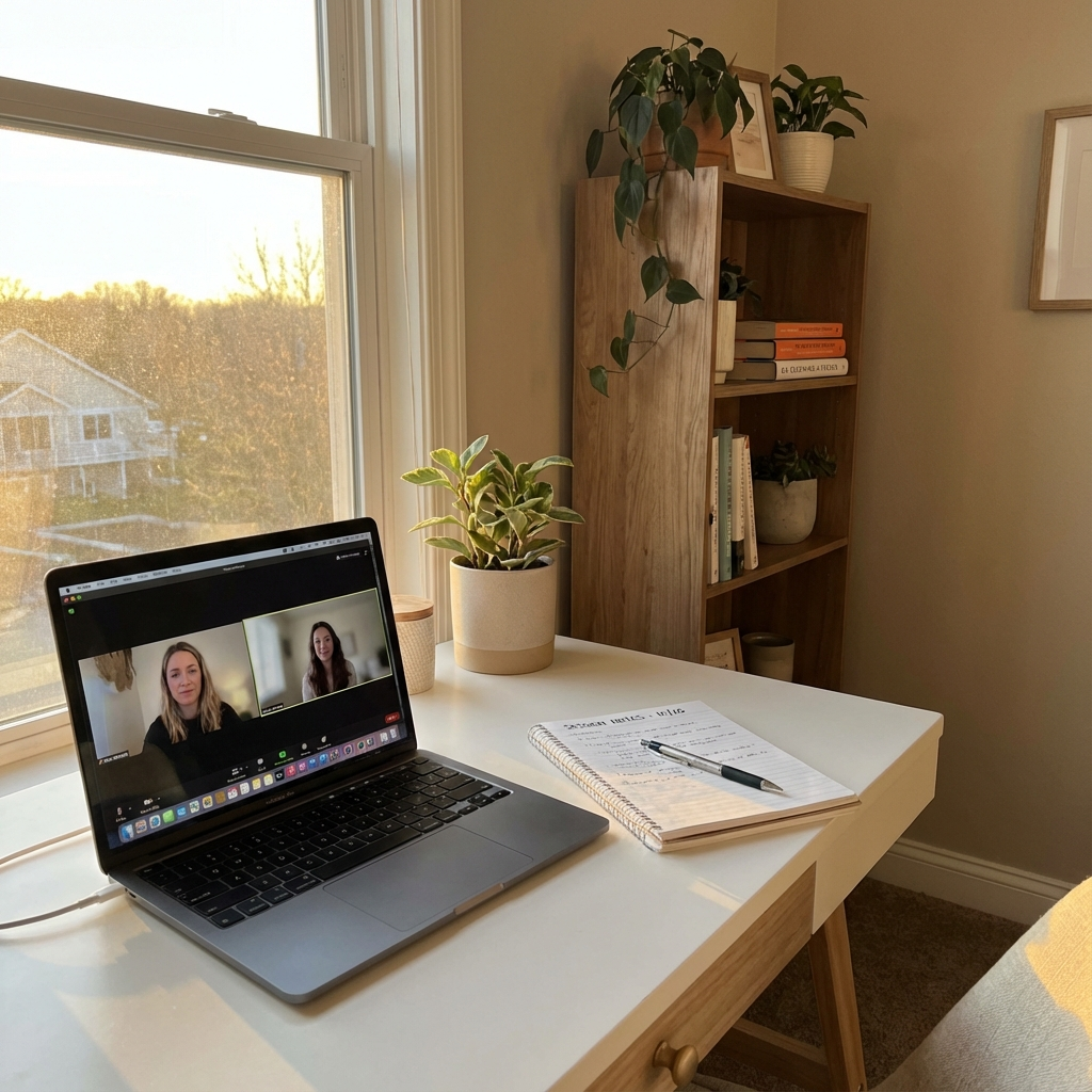 Photorealistic scene of a therapist's telehealth workspace, laptop on a desk with therapist's notes, soft-focus background...