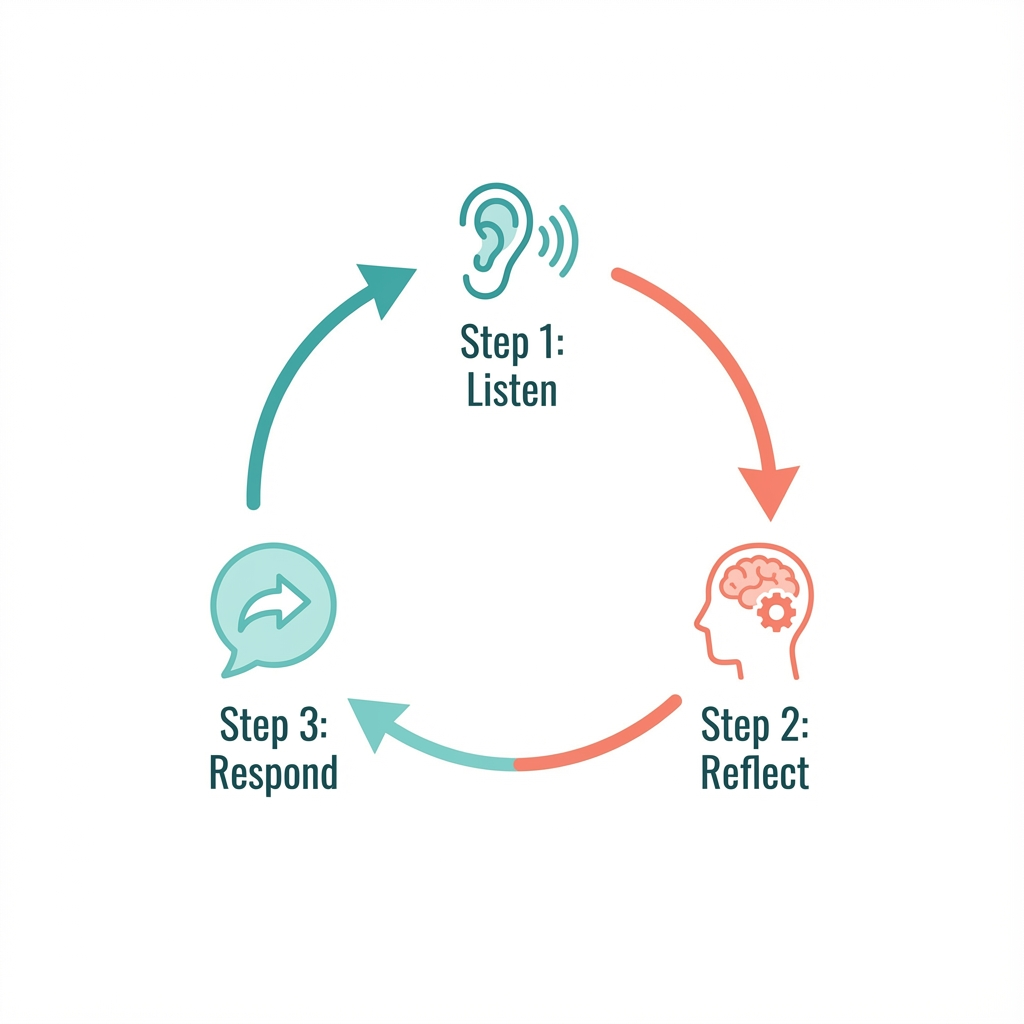 Minimalist infographic style illustration showing a three-step communication cycle: Listen, Reflect, Respond; modern flat ...