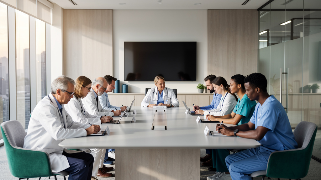 Healthcare executives discussing AI implementation strategy in boardroom