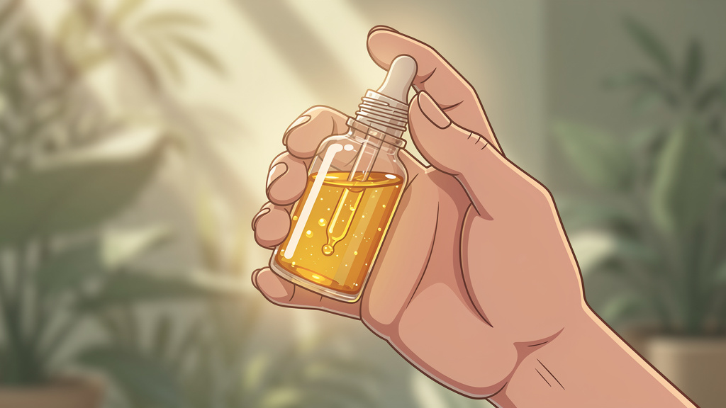 Hand holding amber oil dropper bottle in natural lighting