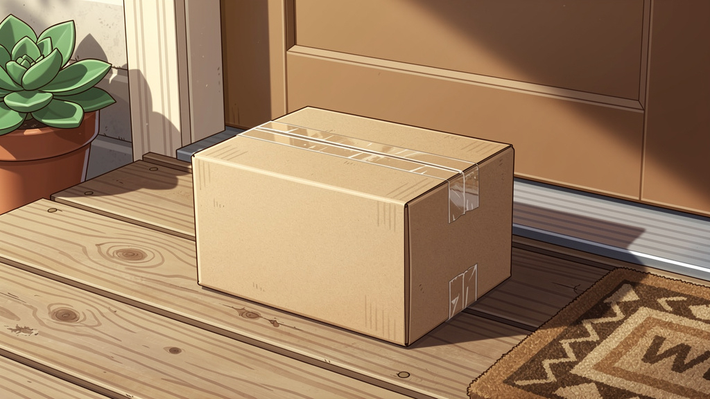 Plain delivery box on doorstep with morning sunlight