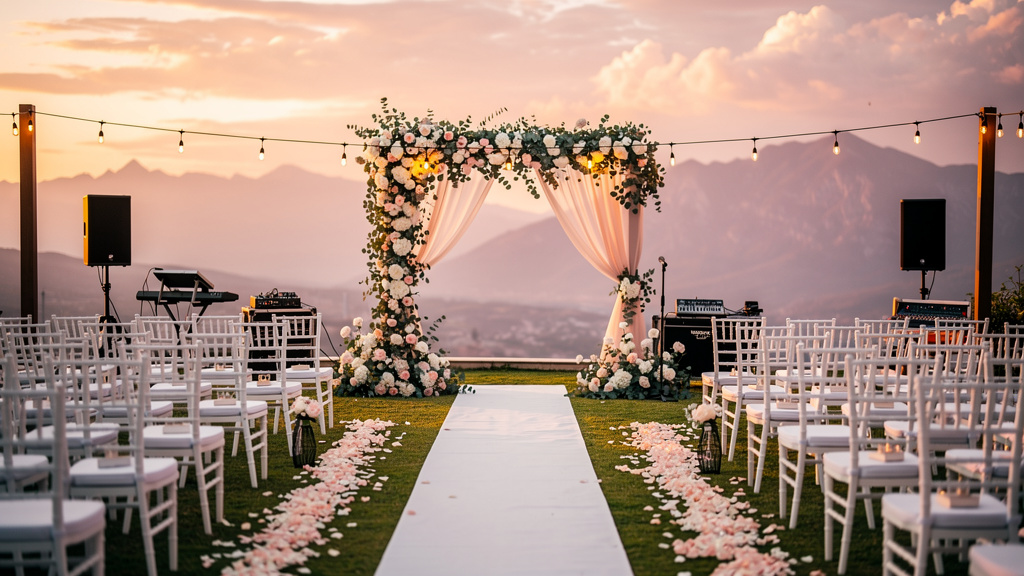 Outdoor wedding ceremony with professional sound equipment