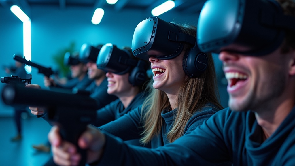 Persona con gafas de realidad virtual en Virtua Barcelona apuntando al espectador