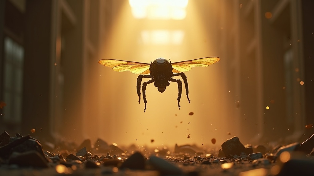 Detalle del microrrobot abejorro MIT mostrando sus alas y estructura biomimética