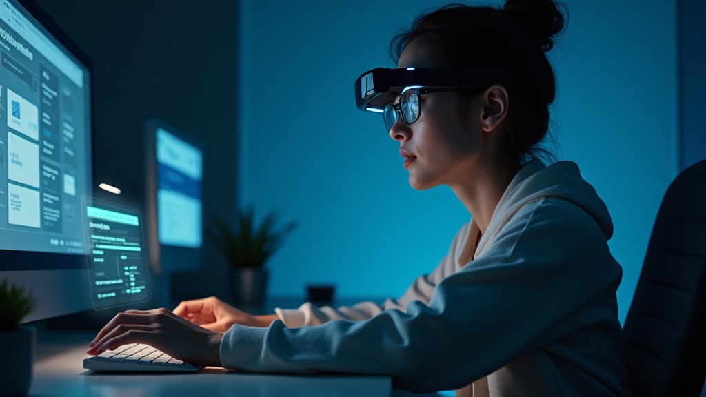 Usuario utilizando el visor XREAL Aura conectado a su dispositivo de cómputo puck