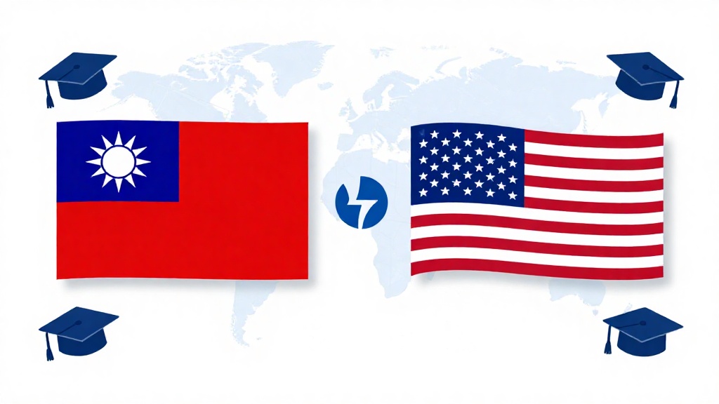 台灣與美國國旗連結學術符號,代表 RIT 與台科大及台灣大學合作夥伴關係,現代教育合作插圖配合畢業帽與全球連結主題
