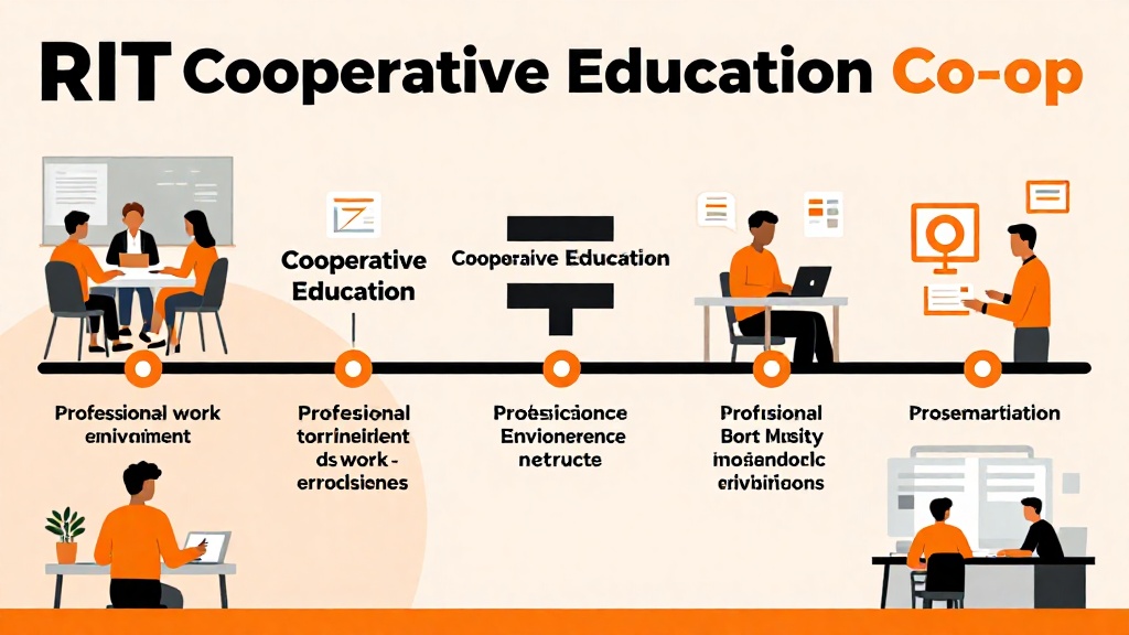 RIT 帶薪實習 Co-op 計畫時間軸資訊圖表,顯示學生在專業工作環境中實習,分割畫面展示教室與企業辦公室場景,採用橘色與黑色 RIT 品牌色彩的現代平面設計插圖
