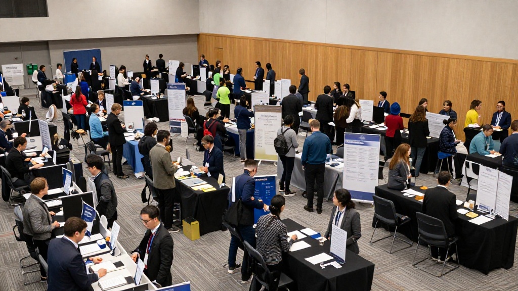 RIT Gordon Field House 體育館大型就業博覽會現場,數百個企業攤位,多元國際學生與企業招募人員交流,廣角鏡頭展示活動規模盛況,專業活動攝影風格