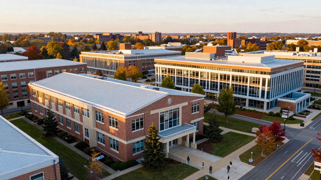 羅徹斯特理工學院 RIT 校園全景空拍圖,展示 Gordon Field House 體育館與現代化教學大樓,學生行走於建築間,秋季溫暖光線,專業大學攝影風格