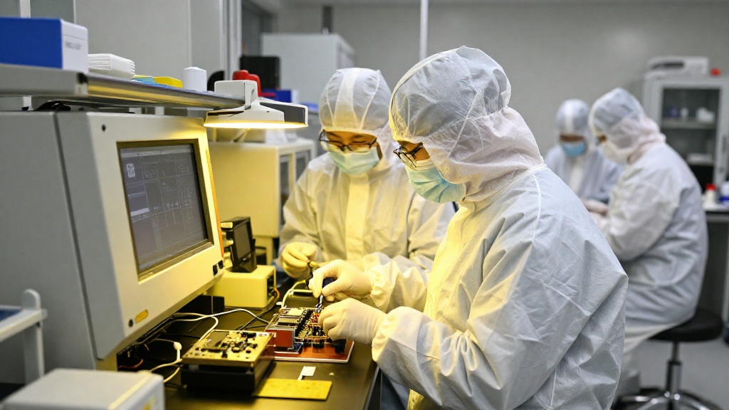 RIT 半導體無塵室實驗室,學生穿著無塵衣操作微電子晶圓製造設備,高科技實驗室環境配備黃光照明,專業 STEM 教育攝影風格