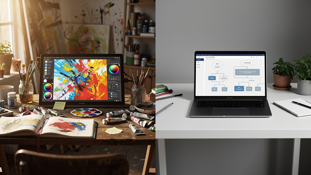 Contrasting artist studio and business workspace setups