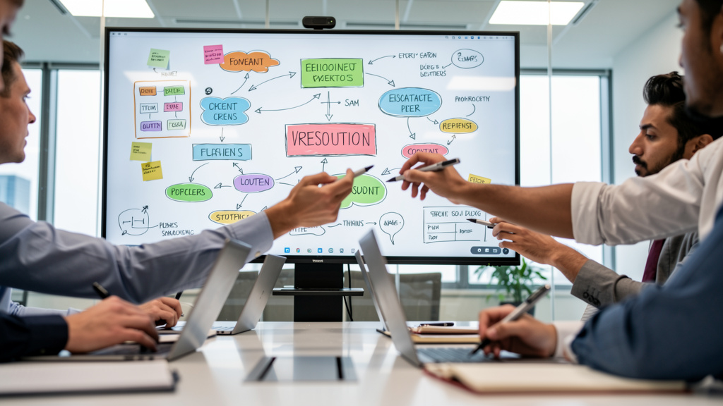 Team collaborating on shared digital drawing canvas