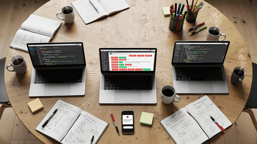 Development team reviewing code changes on multiple laptops