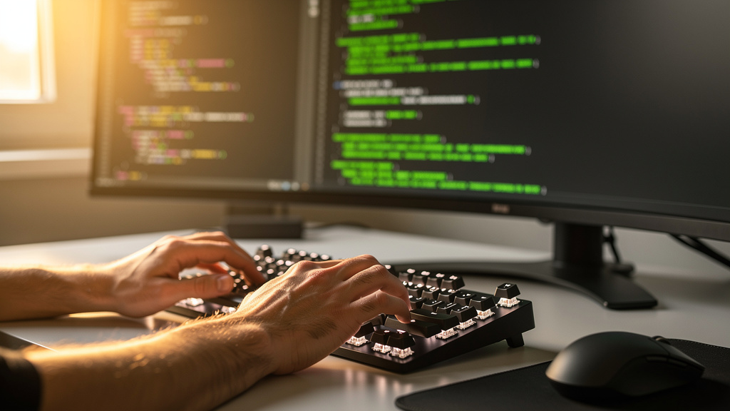 Developer typing on mechanical keyboard with terminal displayed