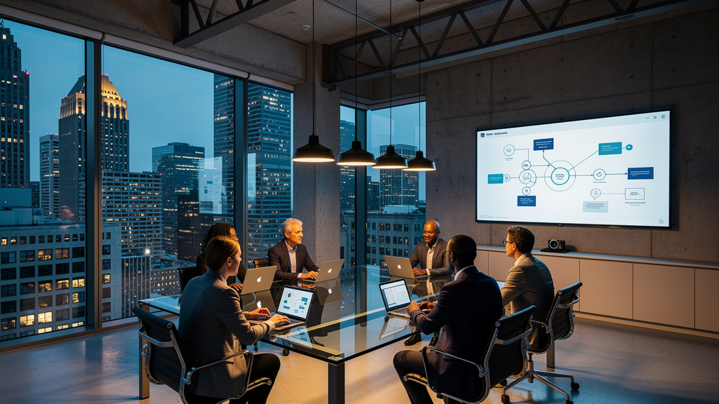Enterprise team meeting discussing software integration and workflows