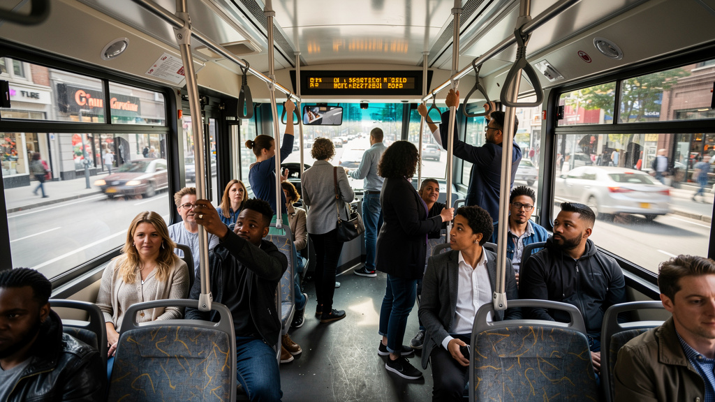 Passengers riding modern public transit bus system