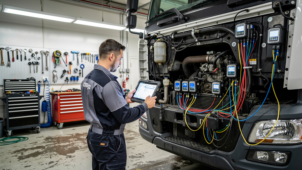 Technician performing predictive maintenance on commercial fleet vehicle
