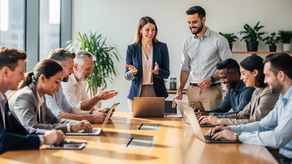 Business team collaborating with managed mobile devices