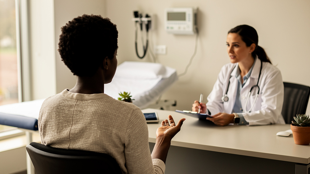 Woman consulting with fertility specialist in clinic
