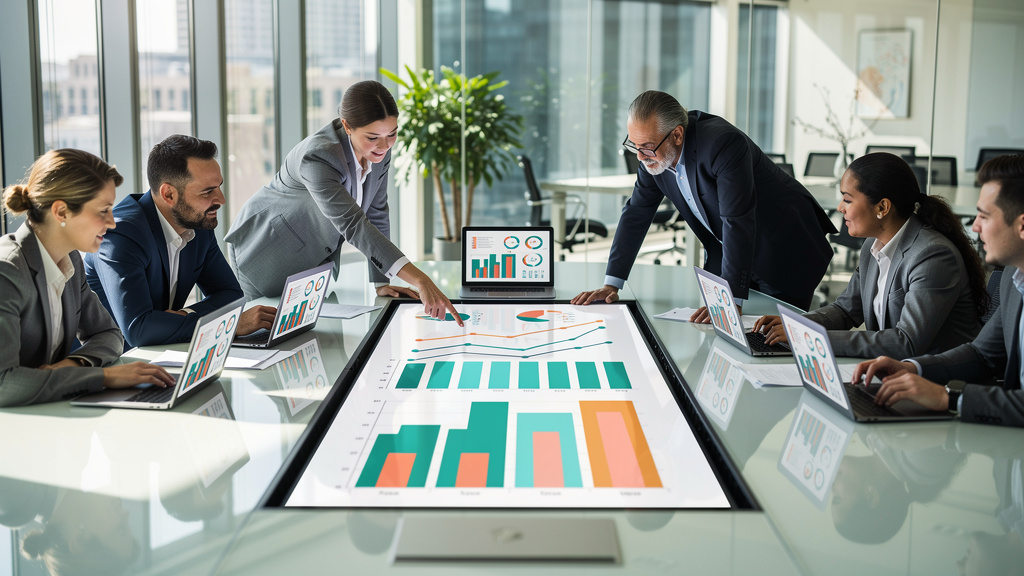 Business team collaborating over interactive data visualization dashboard