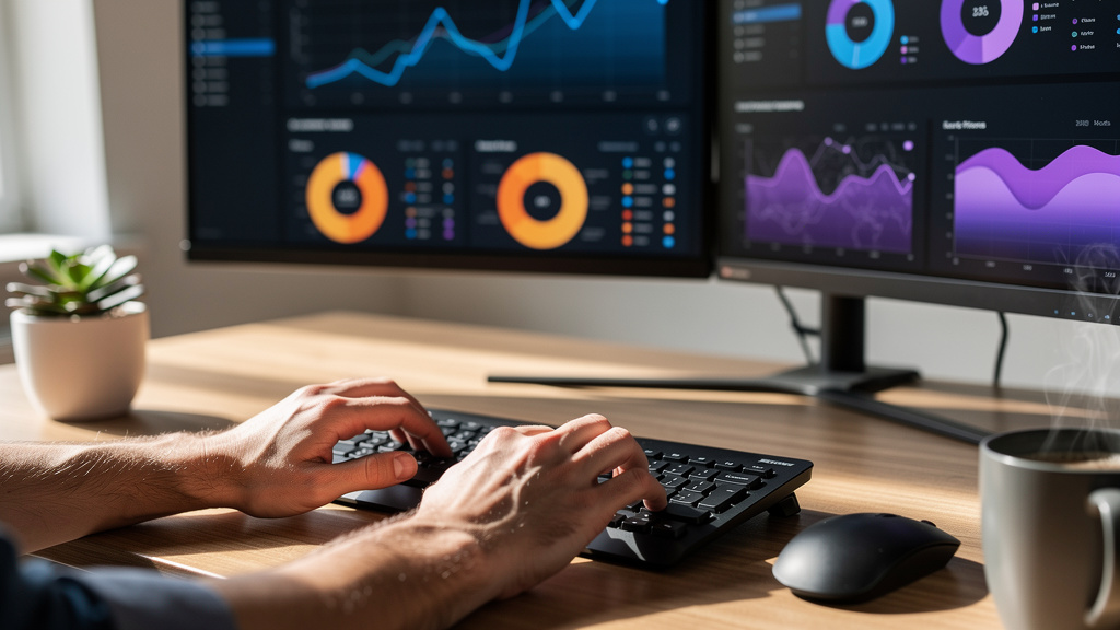 Data analyst working with multiple visualization dashboards simultaneously