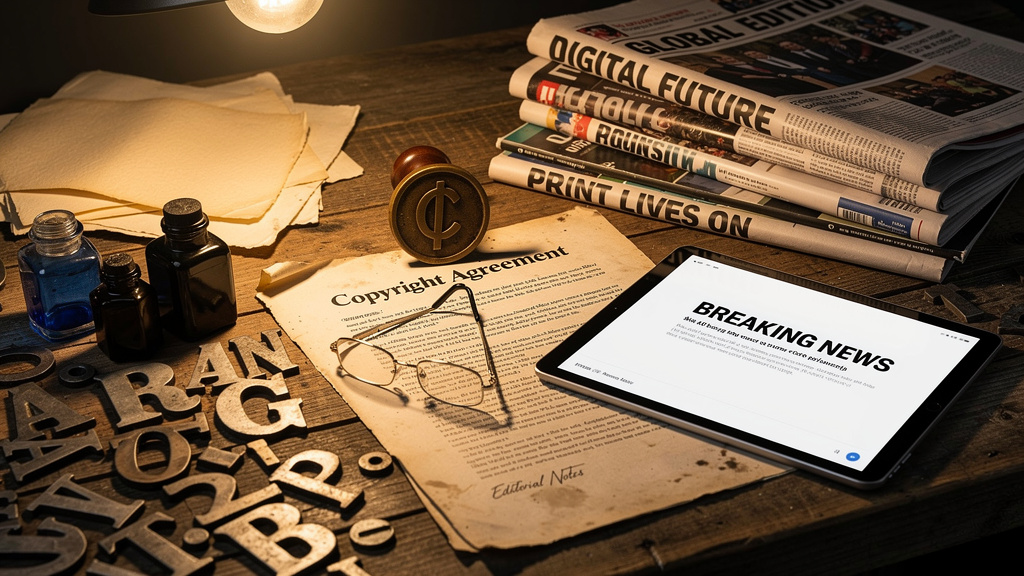 Traditional publishing materials alongside modern digital devices