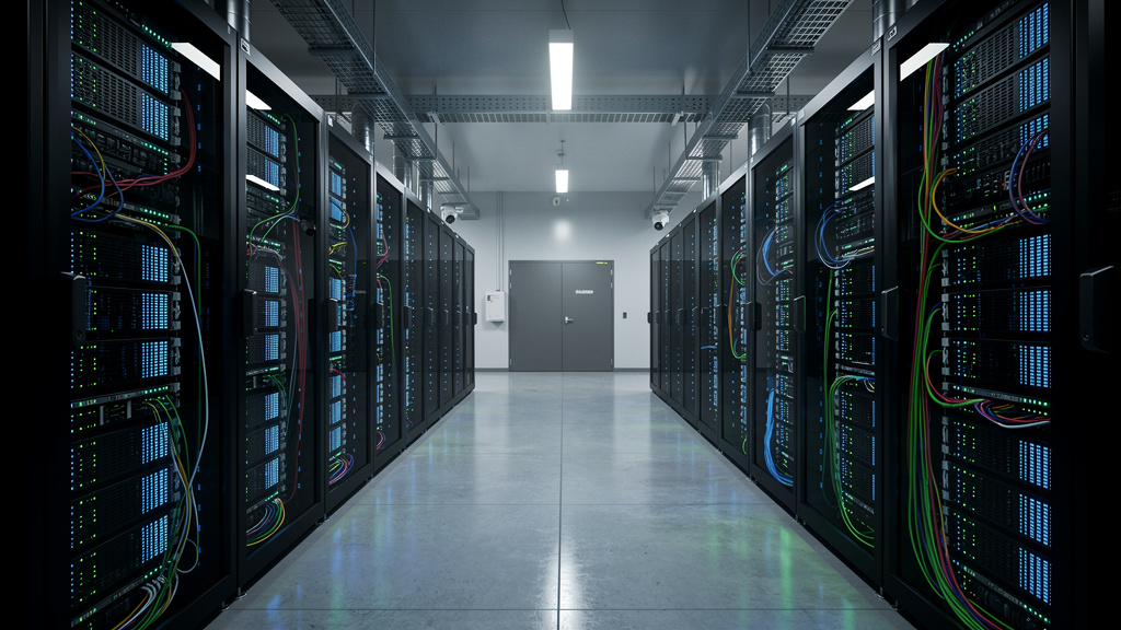 Professional data center with modern server infrastructure and networking equipment