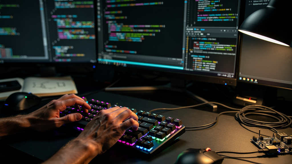 Developer coding on mechanical keyboard in professional programming environment