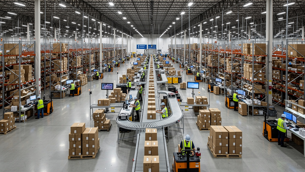 Active warehouse fulfillment center with organized inventory and efficient operations