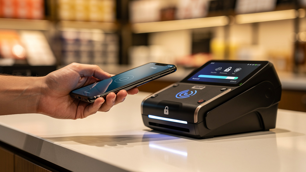 Contactless payment transaction at modern retail point-of-sale terminal