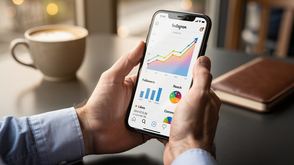 Hands reviewing Instagram performance metrics on mobile device