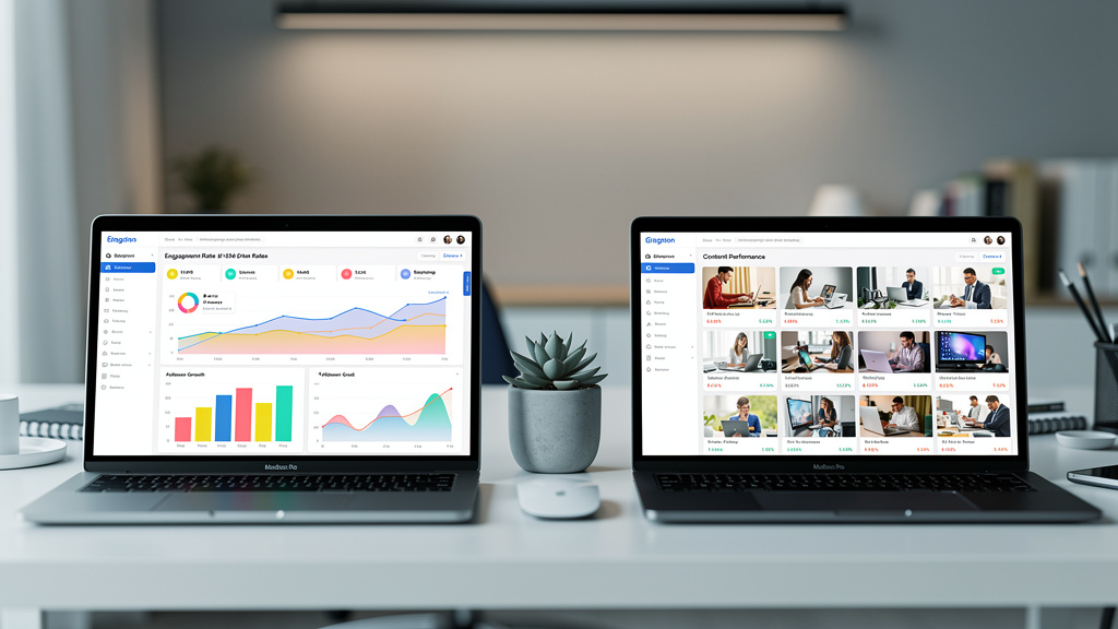Dual screen setup comparing Instagram analytics dashboards
