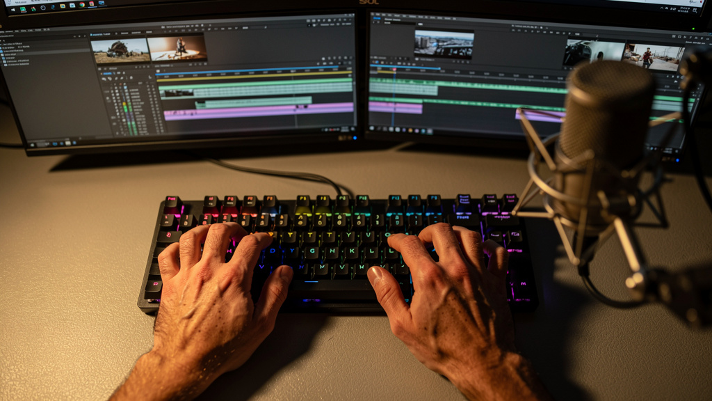 Hands editing video content on professional workstation setup