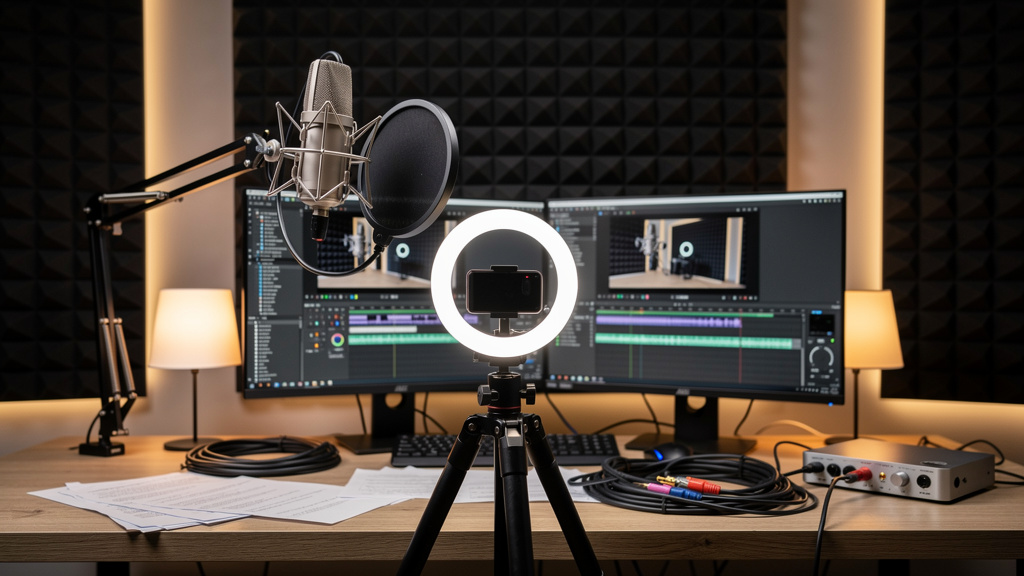 Professional recording studio with webcam and audio equipment
