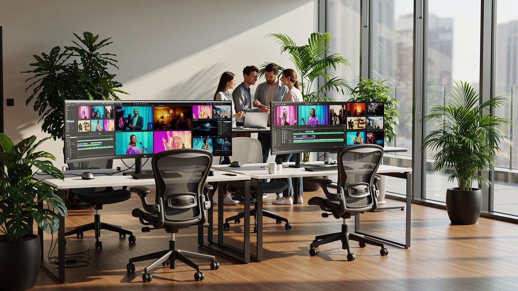 Modern collaborative office workspace with video editing stations