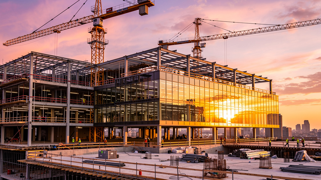 Modern commercial building construction with cranes at sunset