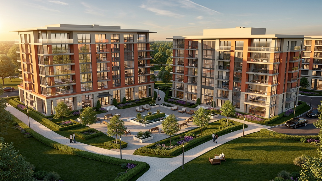 Modern multi-family residential complex with landscaping aerial view