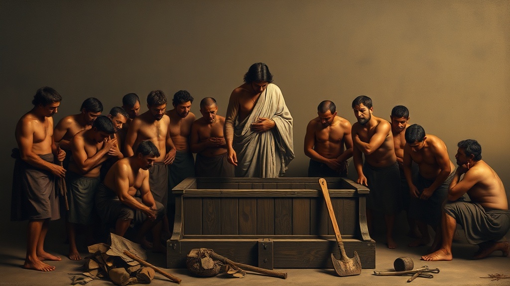 Allegorical tableau of hidden labor and humble remorse