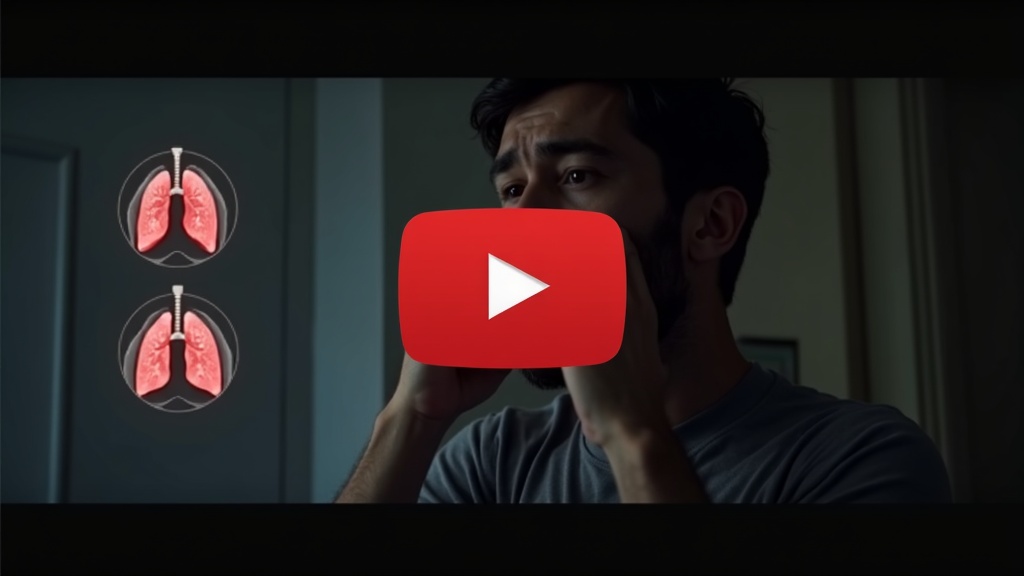 a sufferer struggling to breathe deeply due to stiff lungs indoors in a dimly lit room showing discomfort and anxiety strong sense of restricted expanding alveoli emphasized with a smaller circular inset image showing the unique mechanism of old lungs like a stiff sponge versus a new elastic sponge, no logos or text large centered YouTube style play button in red with white triangle inside