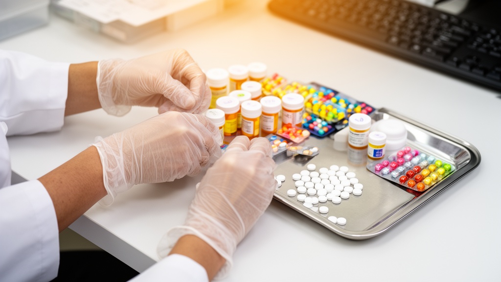 Pharmacist organizing medications at pharmacy counter